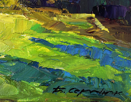 Vibrant impressionist oil painting Haystack in the Mountains by Boris Serdyuk