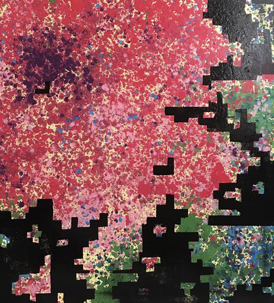 Oil painting Rose in Pixel by Natalia Korf-Ivaniuk, vibrant pixel explosion