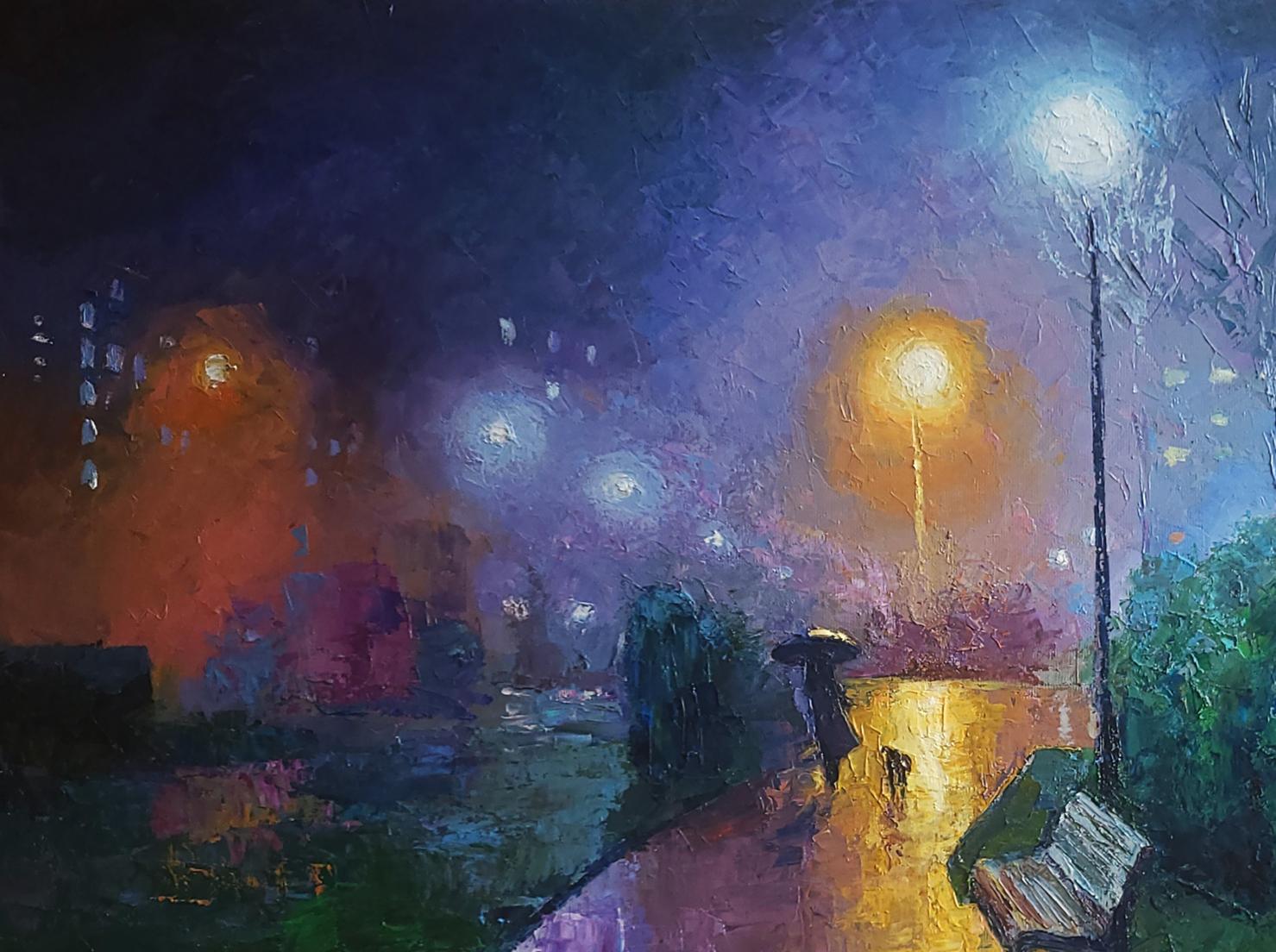 Oil painting Under the rain by Boris Serdyuk: moody rainy night street with glowing lights