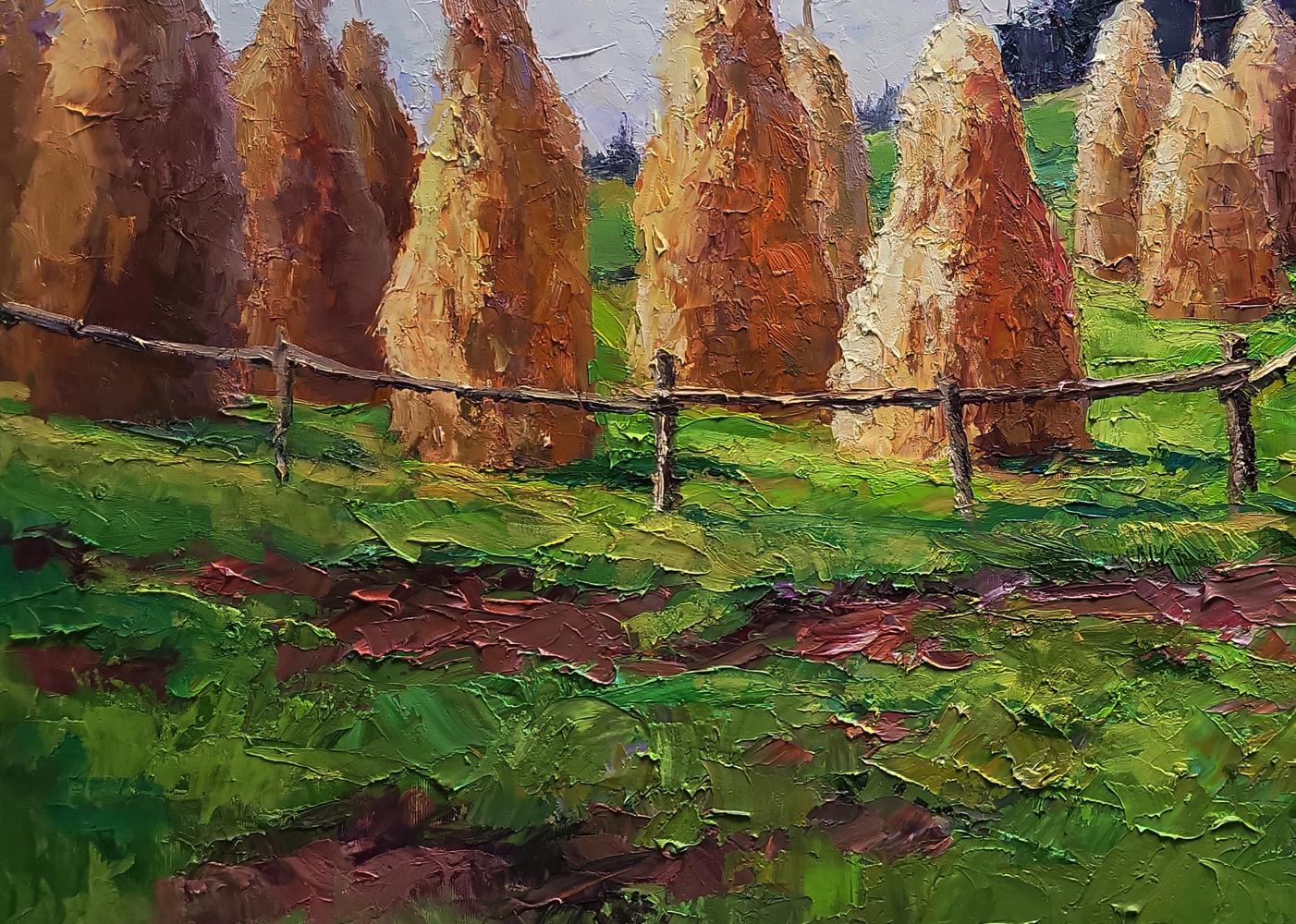 Oil painting of haystacks in mountains by Boris Serdyuk