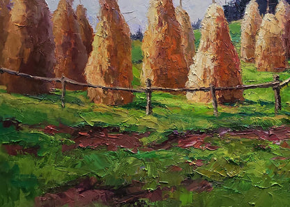 Oil painting of haystacks in mountains by Boris Serdyuk