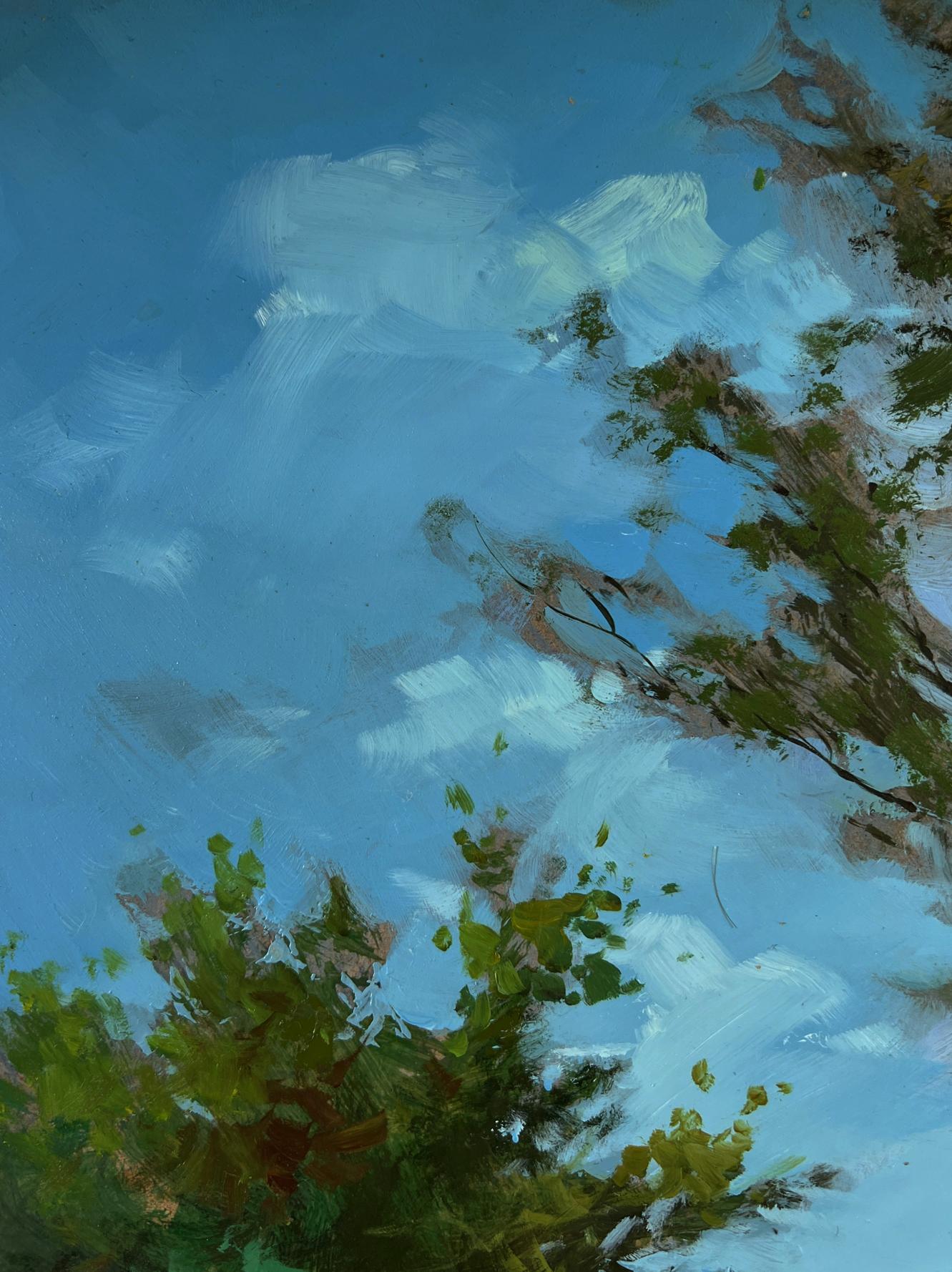 Oil painting At the village shore by Yuriy Suprunchuk with blue sky and foliage