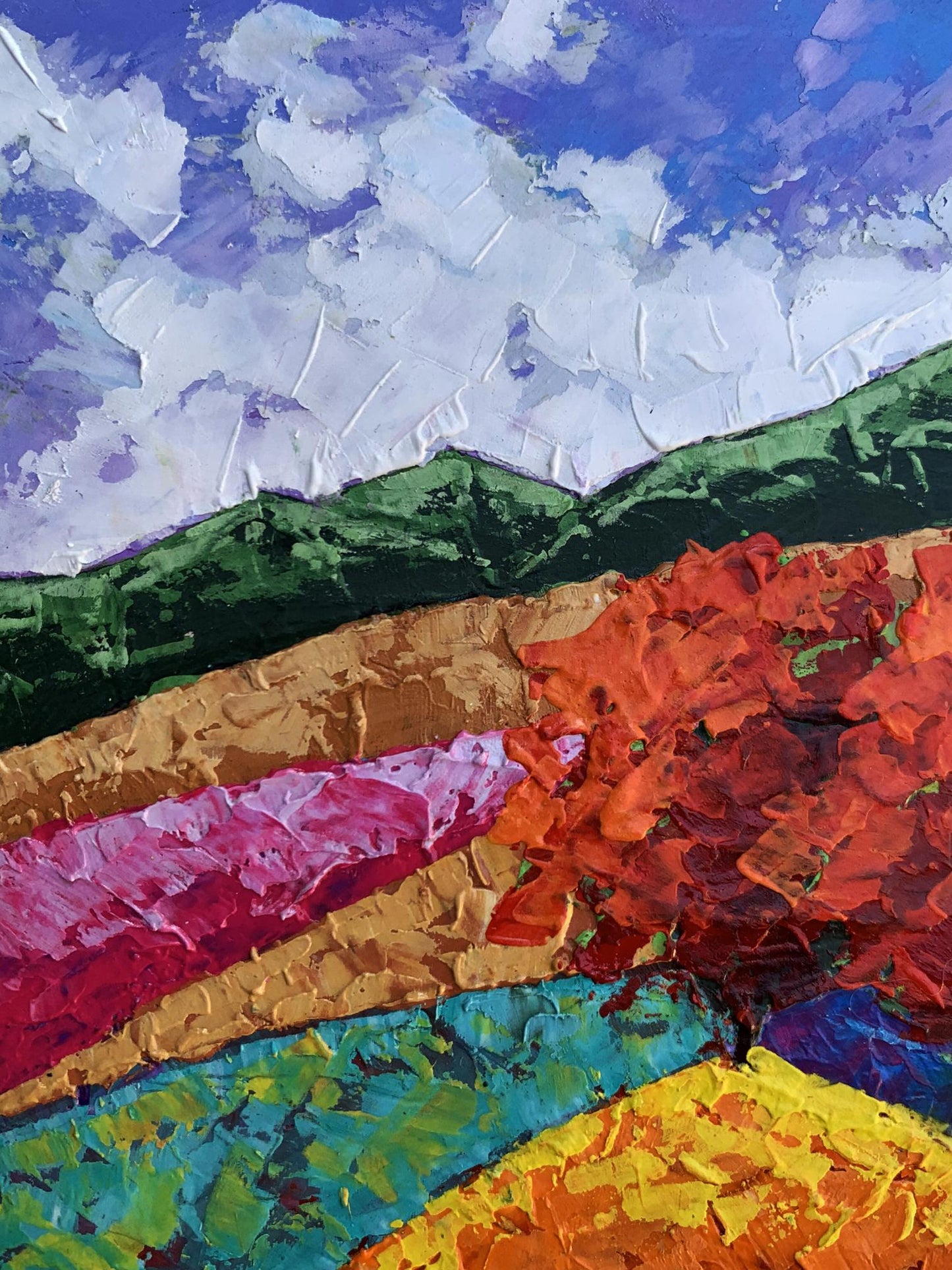 Vibrant impressionist oil painting of three trees, mountains by V. Zadorozhnya