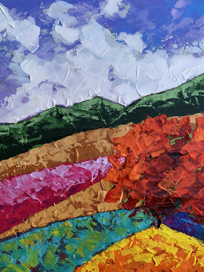 Vibrant impressionist oil painting of three trees, mountains by V. Zadorozhnya