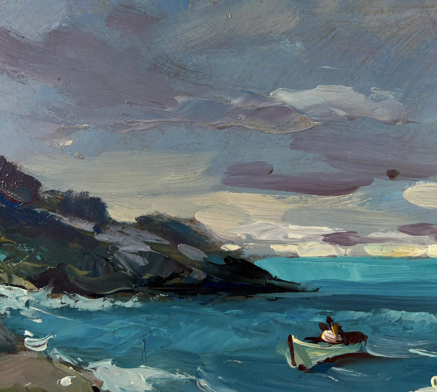 Oil painting by Yuriy Suprunchuk: rowboat on turbulent sea waves