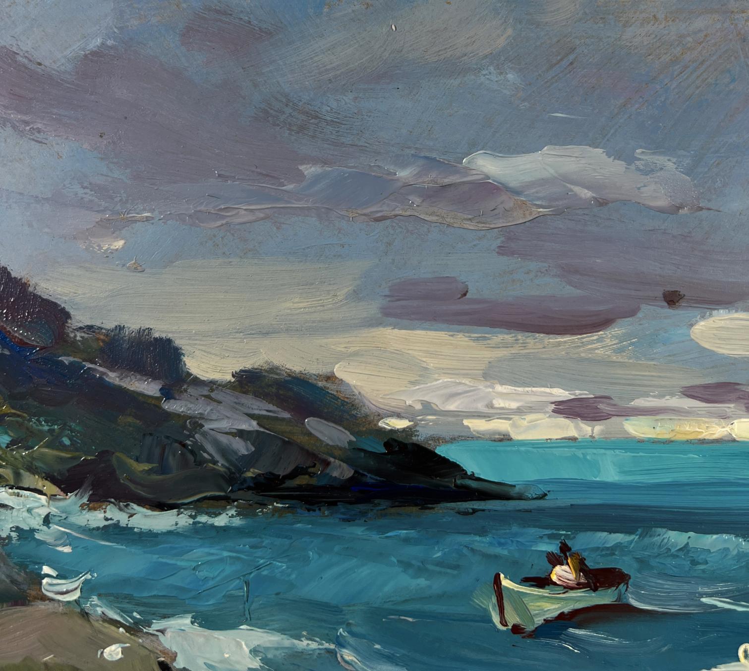 Oil painting by Yuriy Suprunchuk: rowboat on turbulent sea waves