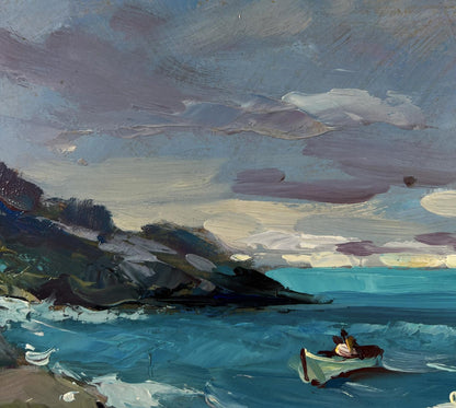 Oil painting by Yuriy Suprunchuk: rowboat on turbulent sea waves