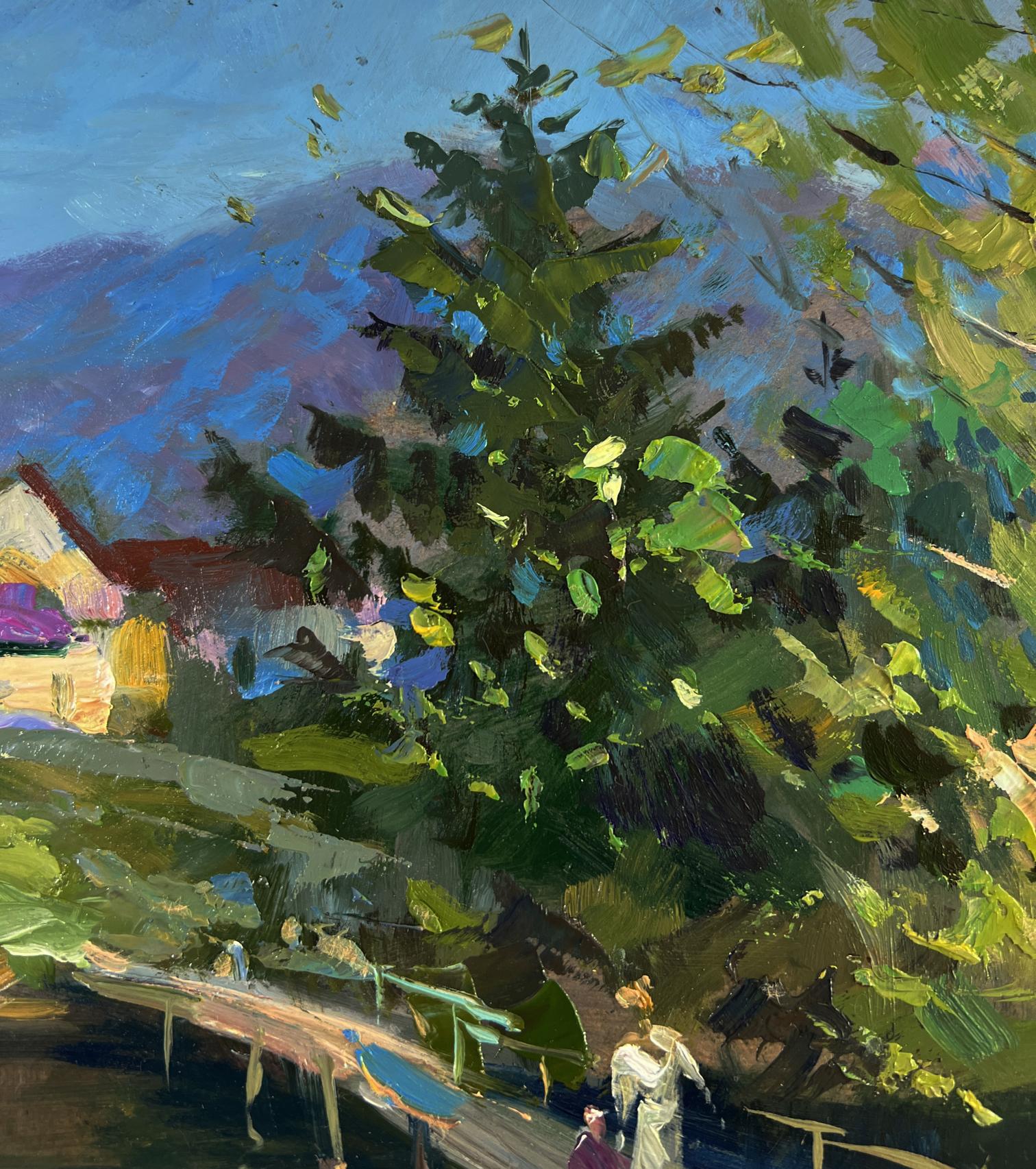 Oil painting of vibrant green tree on bridge over river by Yuriy Suprunchuk