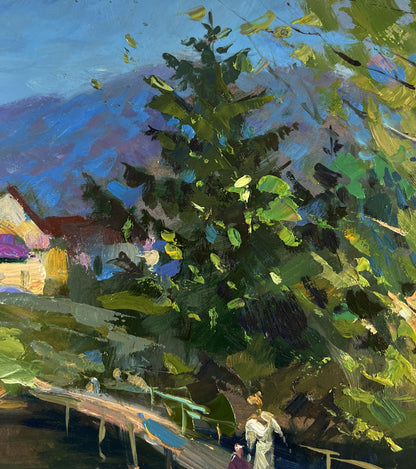 Oil painting of vibrant green tree on bridge over river by Yuriy Suprunchuk