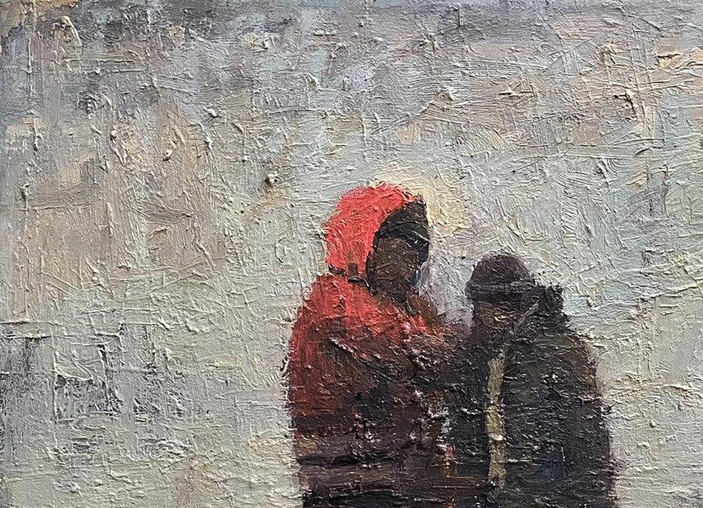 Oil painting of construction site by Volodymyr Pashchenko, red hooded figure