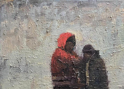 Oil painting of construction site by Volodymyr Pashchenko, red hooded figure