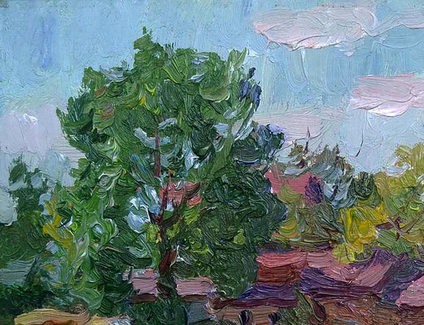 Oil painting Rural life by Yury Konovalov: lush green tree against blue sky