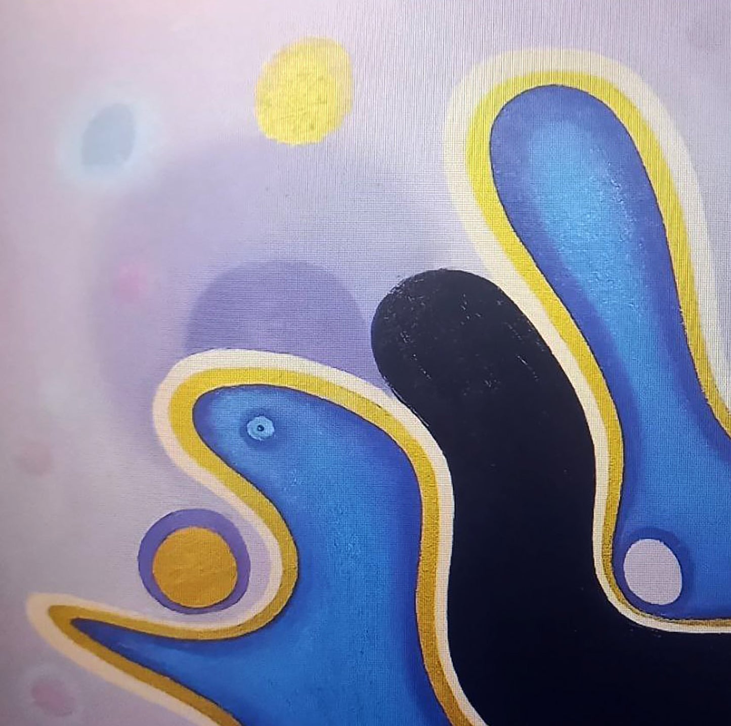 Oil painting A game by Alexander Strashevich: bold blue black forms in yellow on lavender