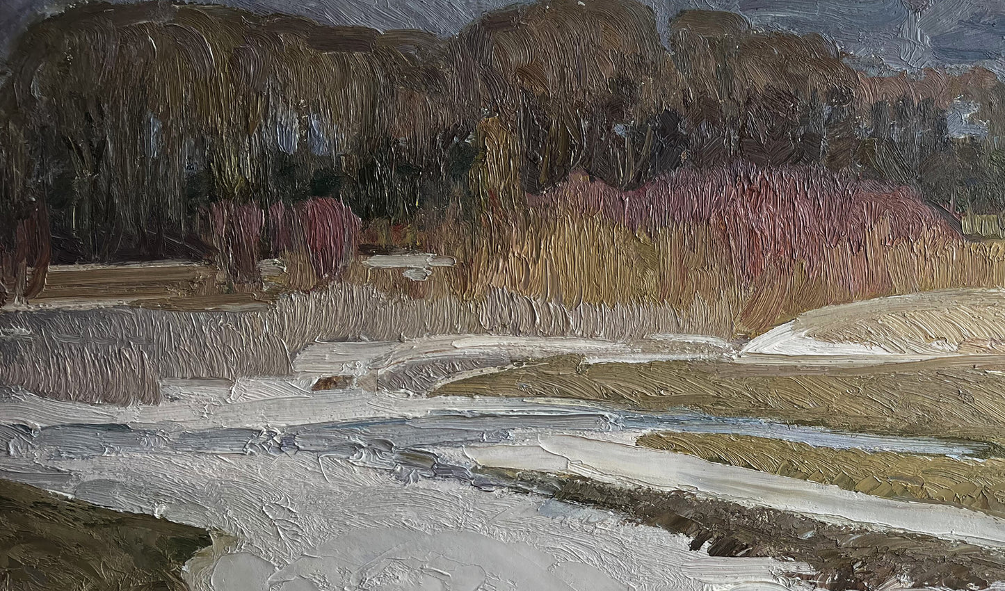 Oil painting Autumn Snow by Anatolii Zhezher serene landscape