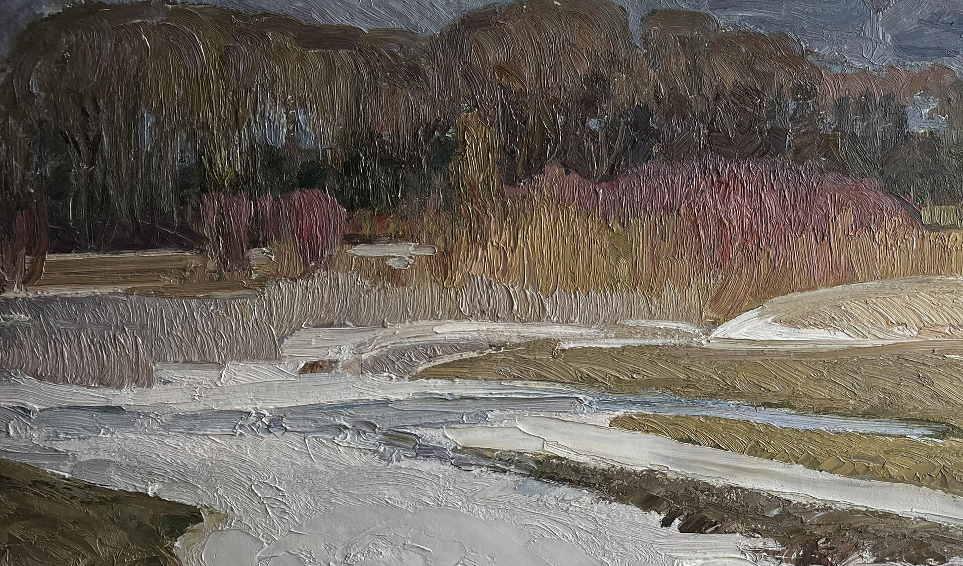 Oil painting Autumn Snow by Anatolii Zhezher serene landscape