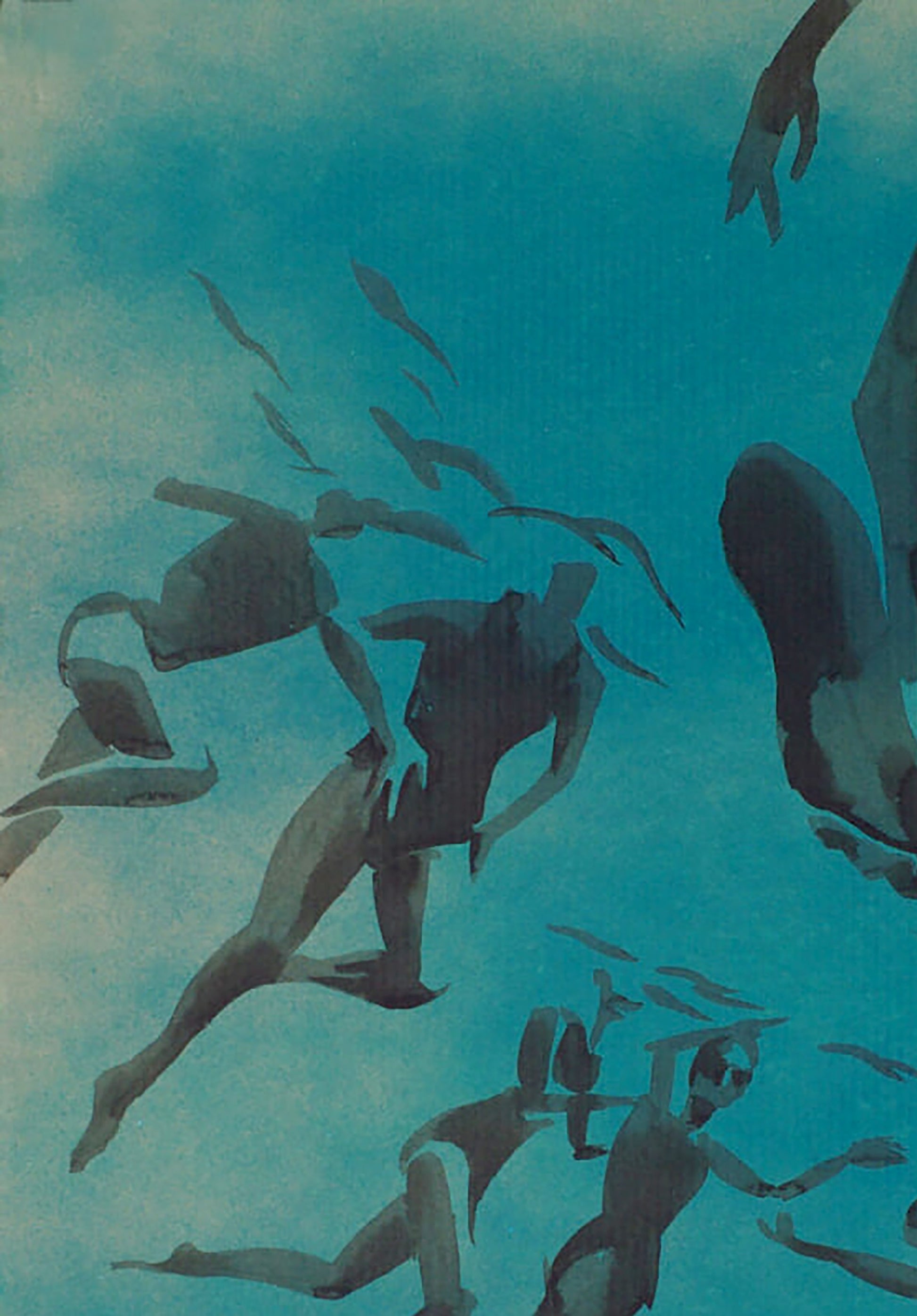 Silhouetted divers in dark swimwear glide through turquoise watercolor underwater scene by Dima Filatov