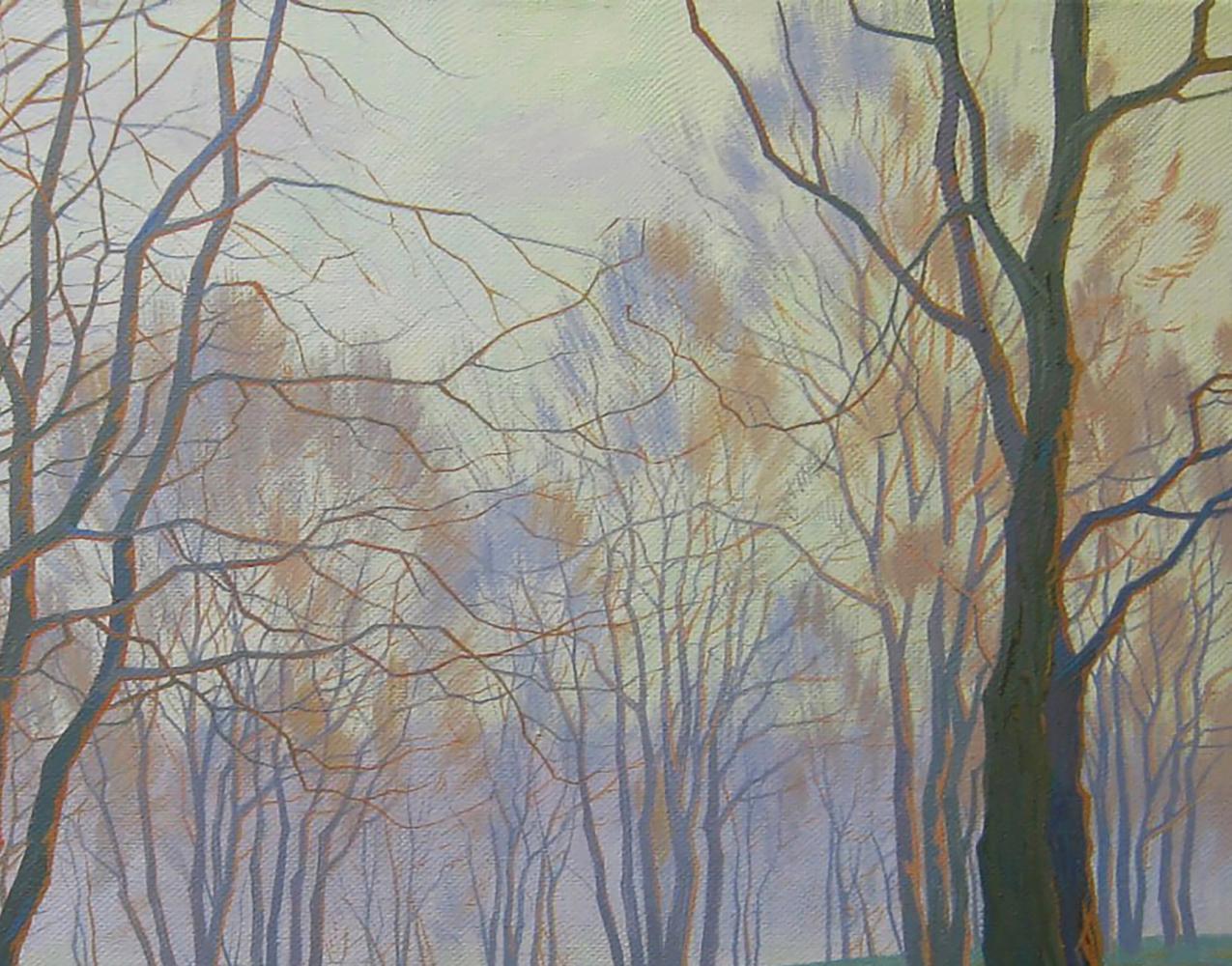 Serene impressionist oil painting of bare trees in spring meadow by Valery Savenets