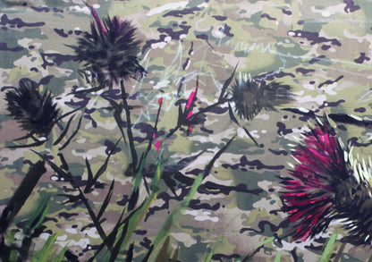 Oil painting of purple black thistles by Ed Potapenkov on camo background