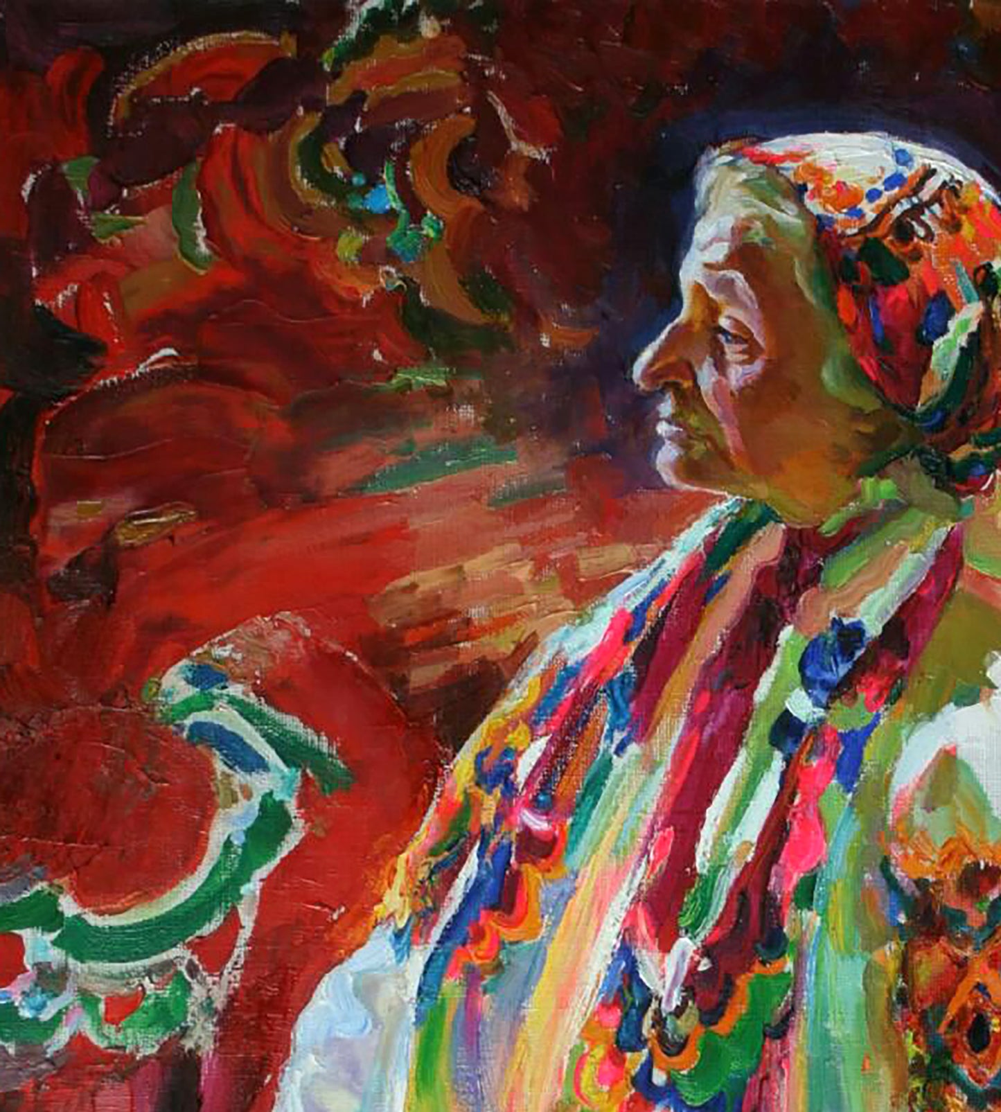 Vibrant abstract oil painting by Leonid Pavlenko of elderly woman in festive clothes