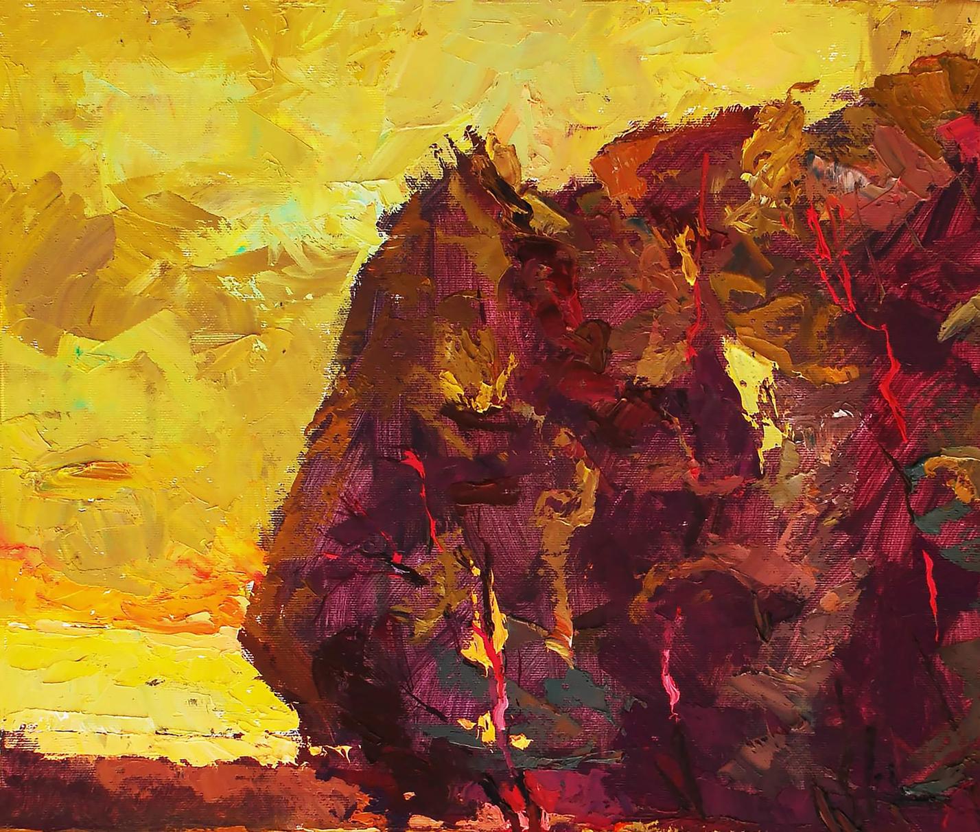 Oil painting Autumn evening by Egor Shvachunov: rugged rocks in purples, reds, yellow sky