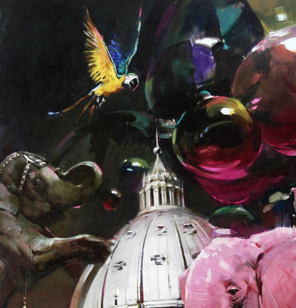 Vibrant oil painting Show Must Go On by Ed Potapenkov: parrot flying over domed building with elephants