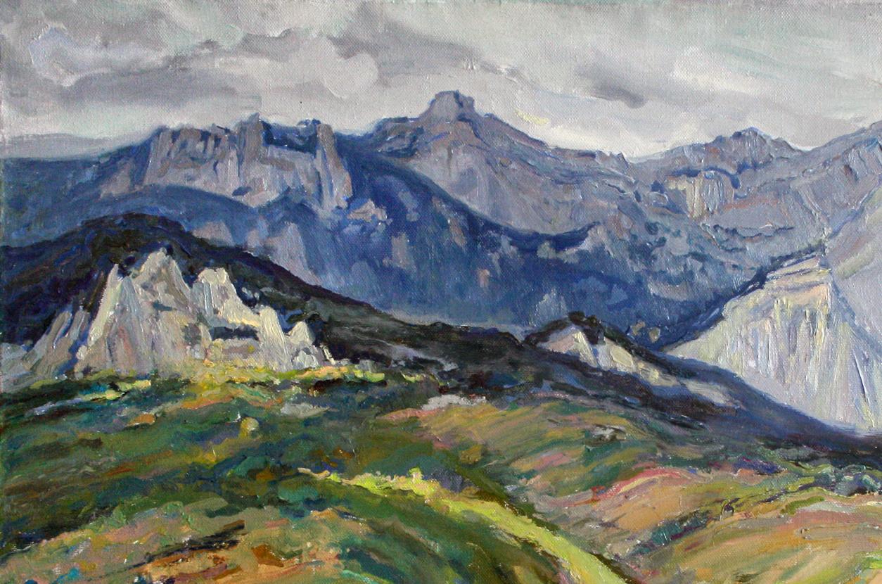 Oil painting of blue-gray mountain peaks by Leonid Pavlenko
