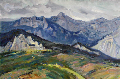 Oil painting of blue-gray mountain peaks by Leonid Pavlenko