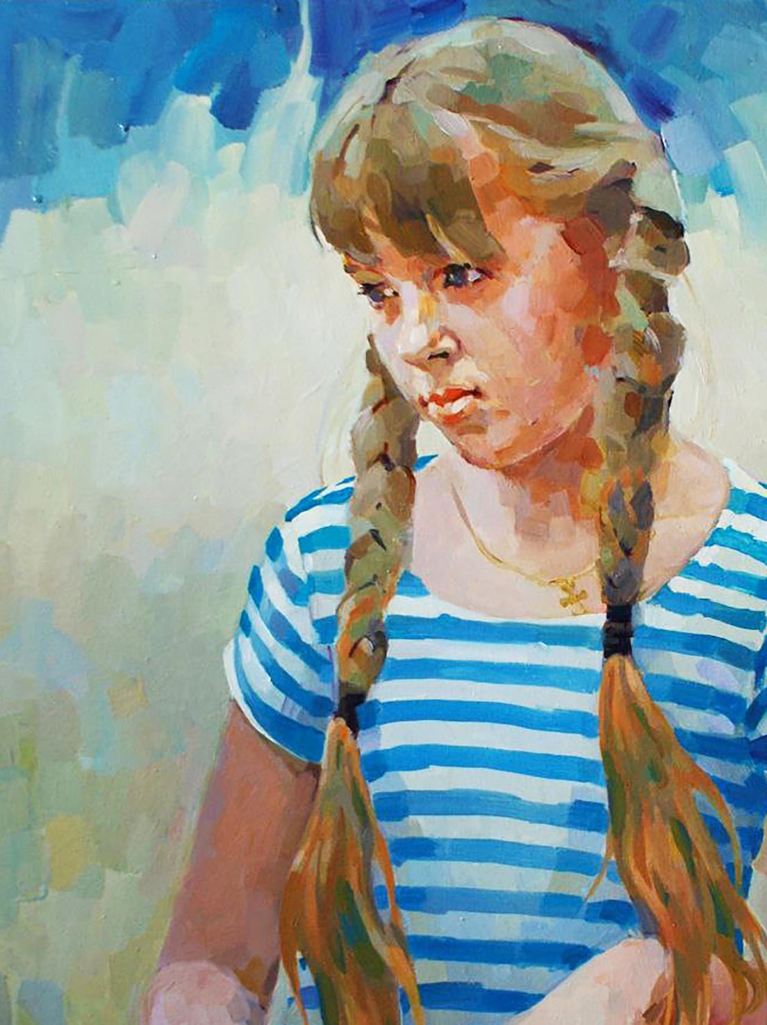 Oil painting Morning portrait of girl with braided hair by Anastasia Yaroshevich