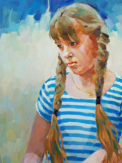 Oil painting Morning portrait of girl with braided hair by Anastasia Yaroshevich