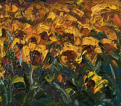 Vibrant impressionist oil painting Evening sunflowers by Oksana Ivanyuk
