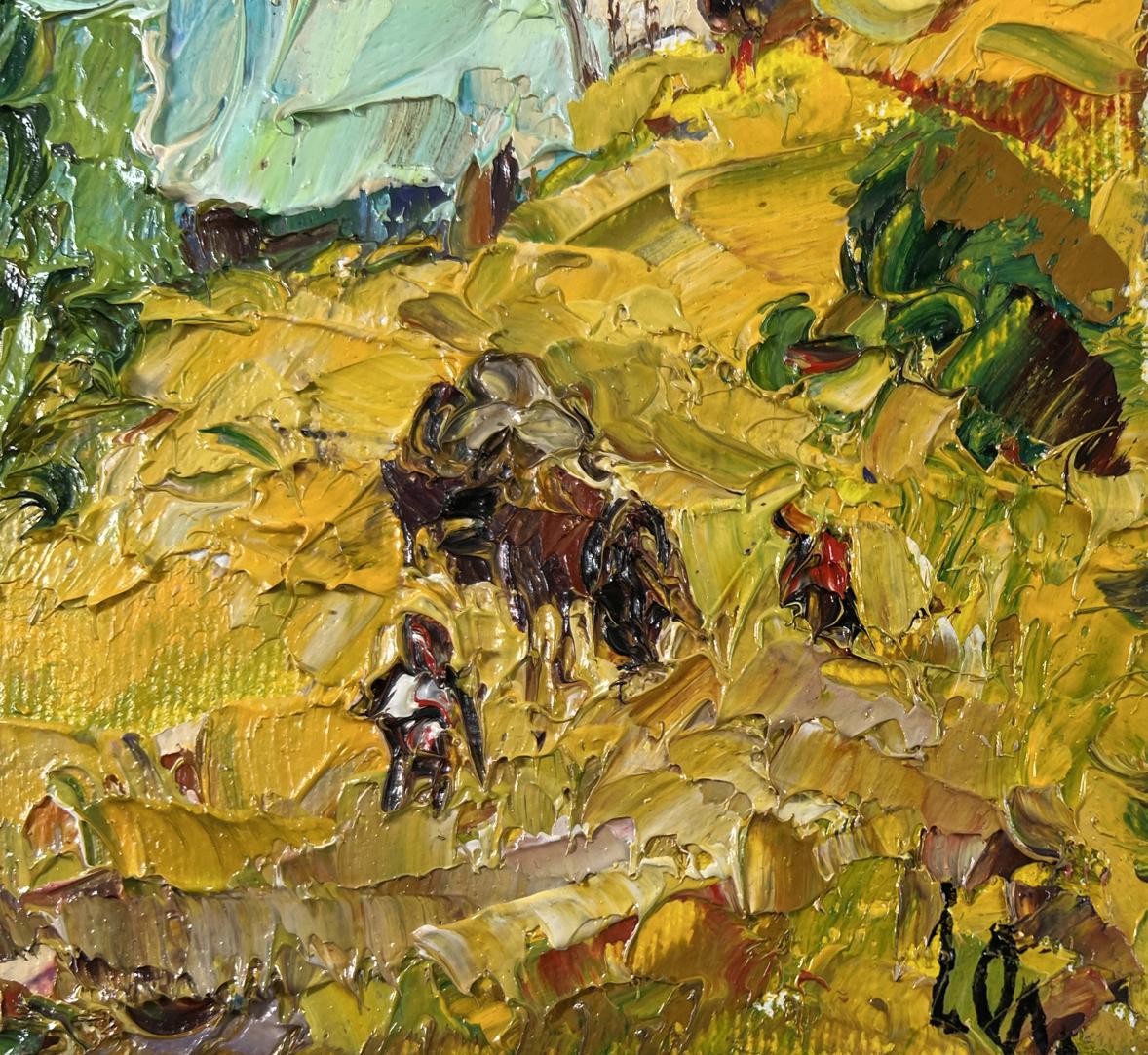 Impasto oil painting Noon in the village by Oleksiy Ivanyuk, golden field scene