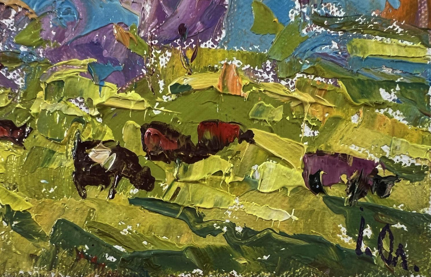 Vibrant impressionist oil painting of grazing cows in lush field by Oleksiy Ivanyuk