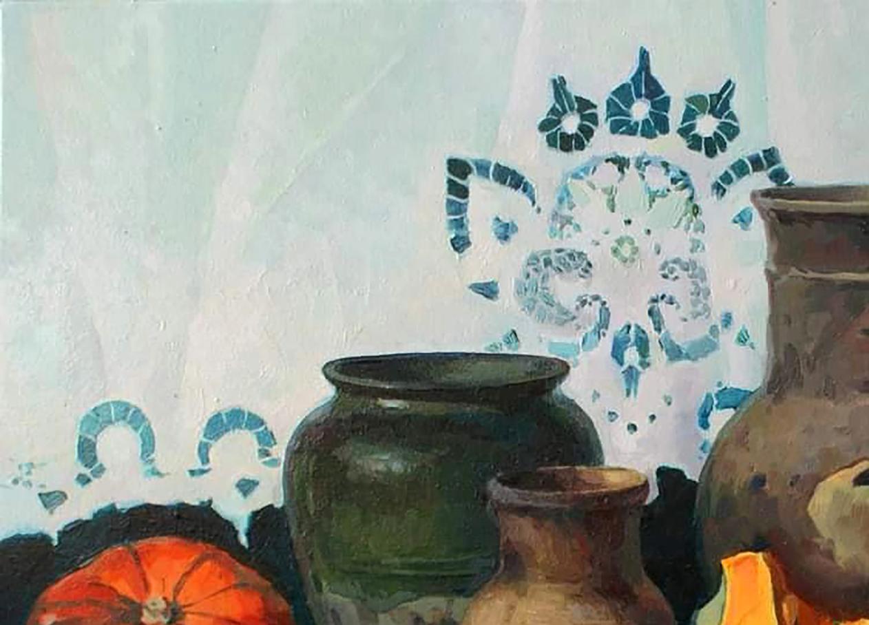 Dark green ceramic jar in Anastasia Yaroshevich still life oil painting