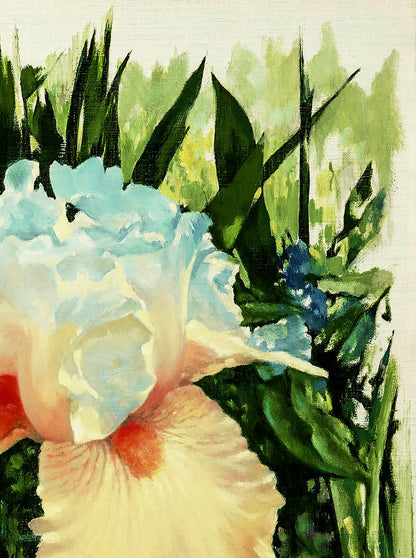 Vibrant iris oil painting by Vasily Korkishko with blue peach petals orange center