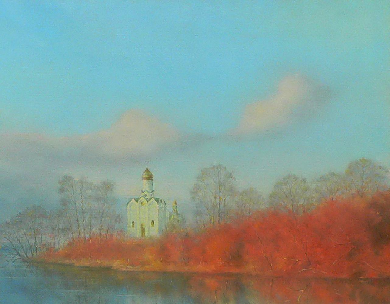 Oil painting of Church of St. Nicholas by Vasily Korkishko in autumn forest