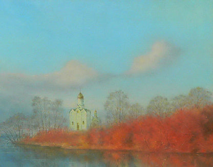 Oil painting of Church of St. Nicholas by Vasily Korkishko in autumn forest
