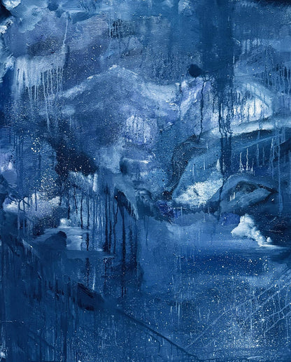 Abstract blue Future City oil painting by Victoria Kagalovska