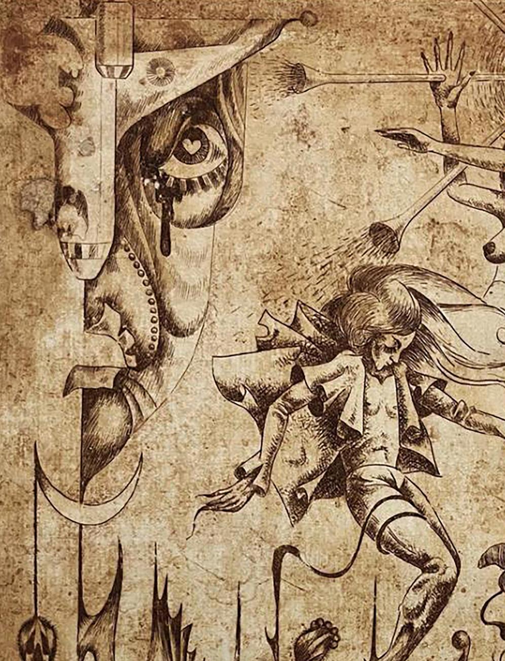Sepia etching painting Falling into the sky by Oleksandr Zhmailo, grotesque surreal figure