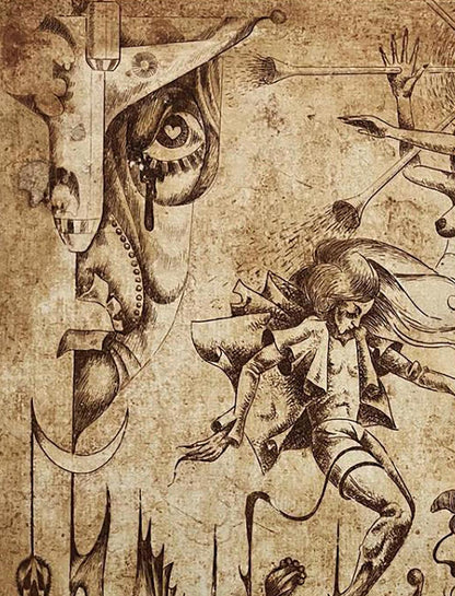 Sepia etching painting Falling into the sky by Oleksandr Zhmailo, grotesque surreal figure