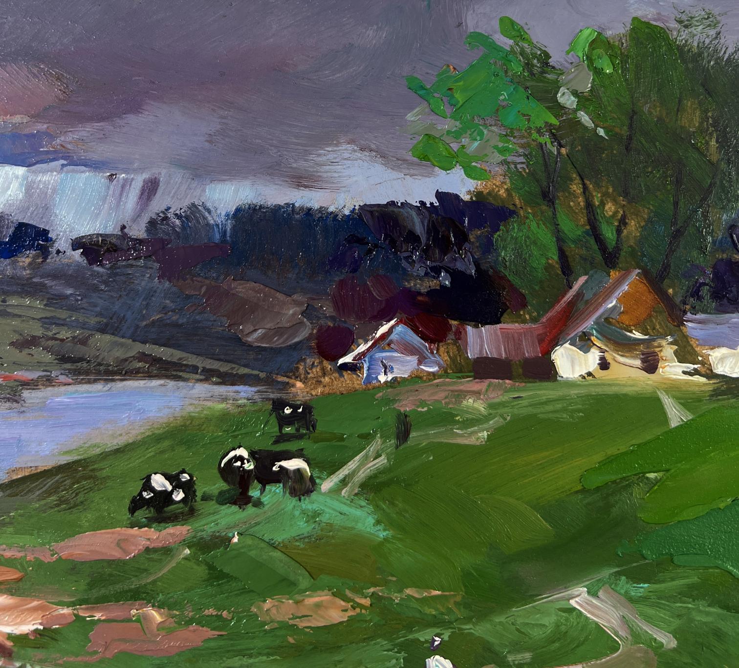 Oil painting of vibrant green pasture with black-and-white cows grazing under dramatic cloudy sky by Yuriy Suprunchuk