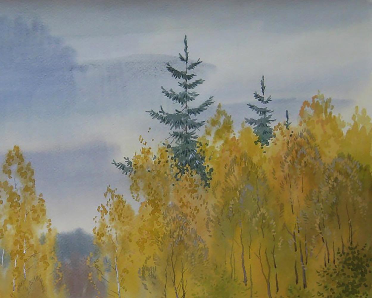 Watercolor painting of autumn yellow forest by Valery Savenets