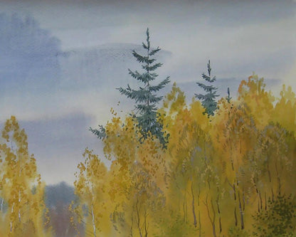 Watercolor painting of autumn yellow forest by Valery Savenets