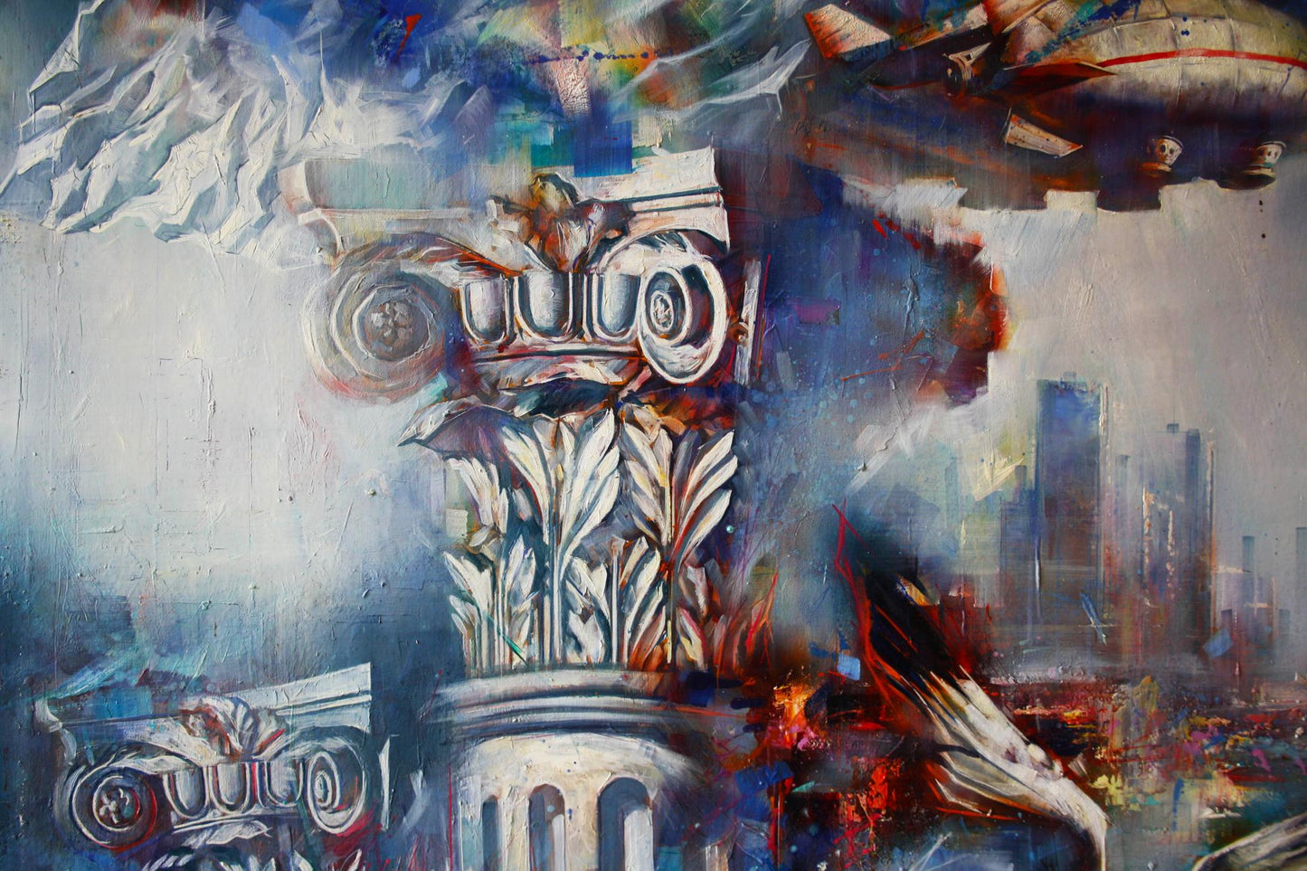 Oil painting Flight over the city by Alexander Dobrodiy: ornate column capital