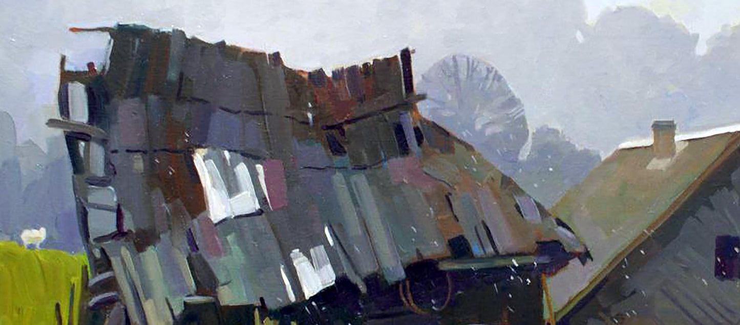 Oil painting First snow by Anastasia Yaroshevich: rusty corrugated metal roof