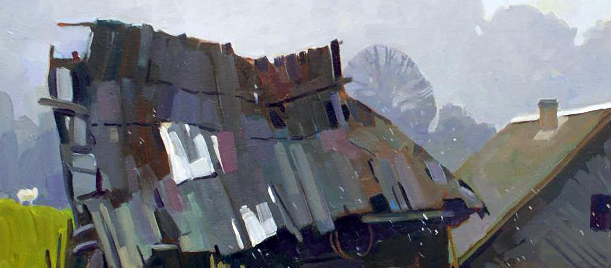 Oil painting First snow by Anastasia Yaroshevich: rusty corrugated metal roof