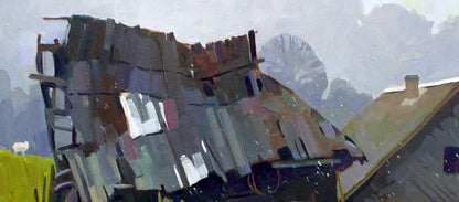 Oil painting First snow by Anastasia Yaroshevich: rusty corrugated metal roof