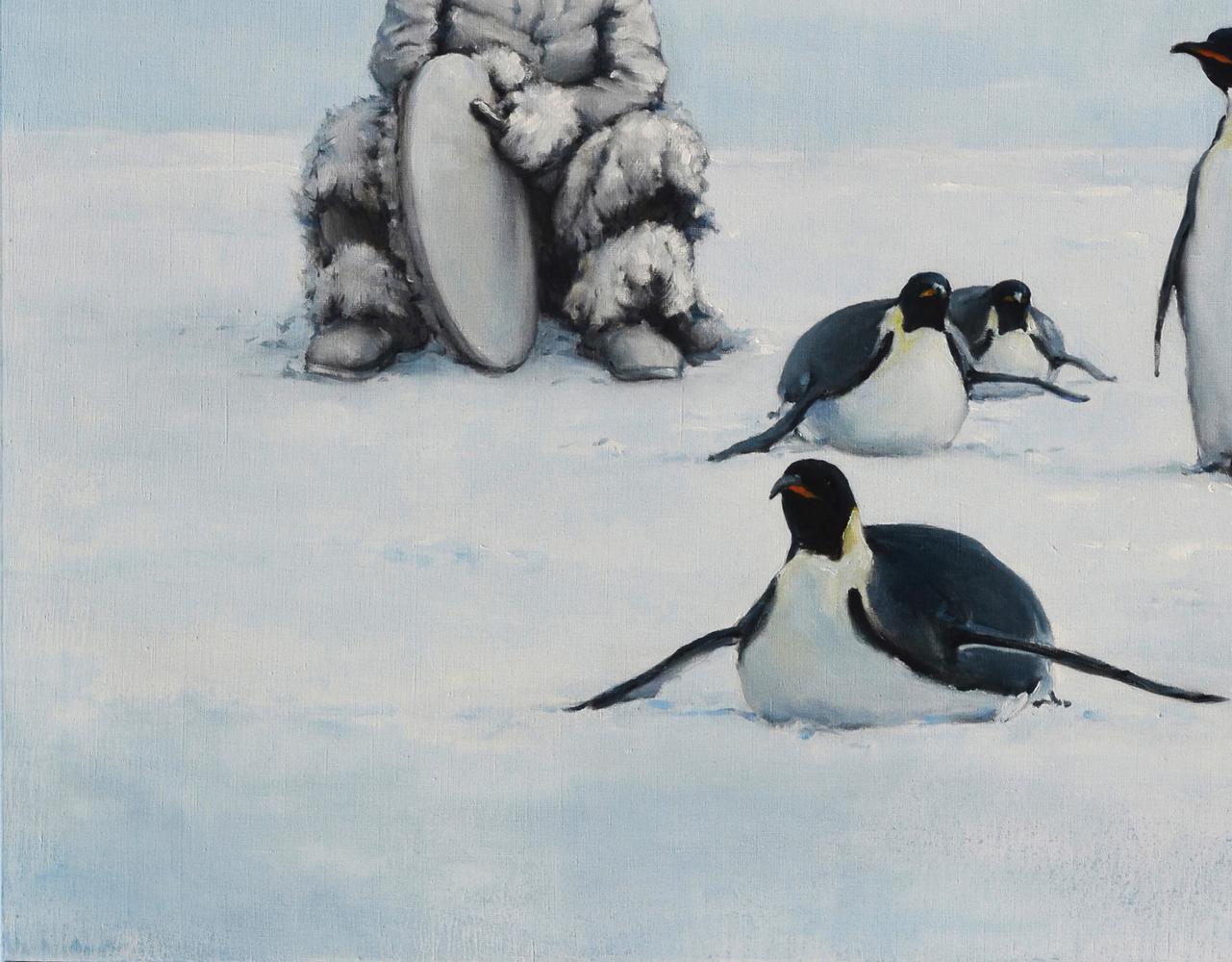 Oil painting of penguins, man in fur by Oleg Kateryniuk