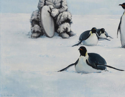 Oil painting of penguins, man in fur by Oleg Kateryniuk