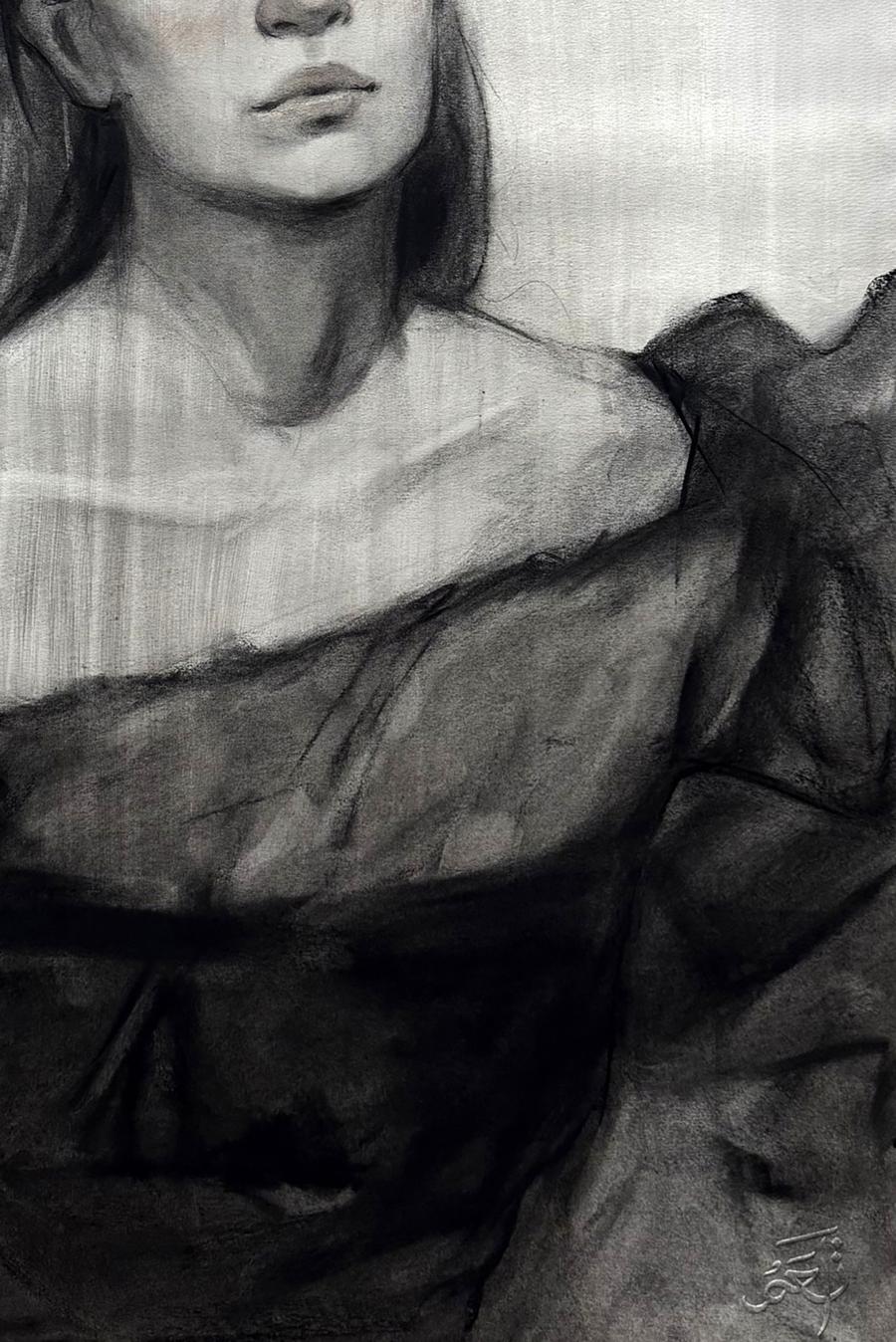 Charcoal portrait sketch of Mariia Annam Butt in off-shoulder ruffled dress
