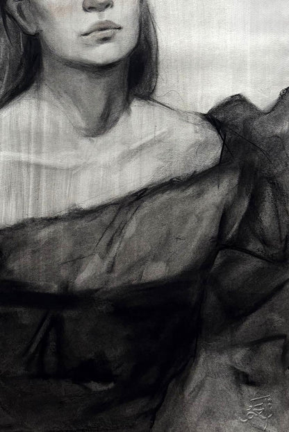 Charcoal portrait sketch of Mariia Annam Butt in off-shoulder ruffled dress